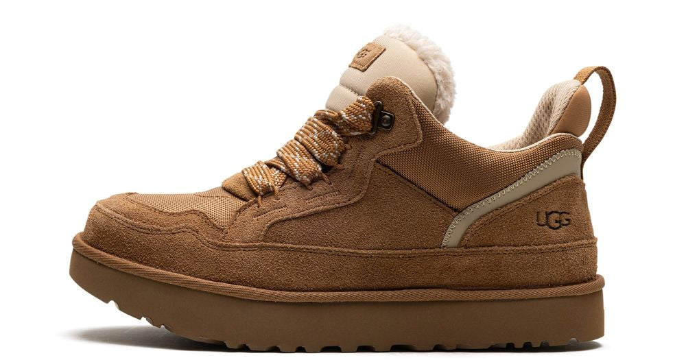 UGG Lowmel Chestnut – oldalnézet, gesztenyebarna velúr és vászon felsőrész
