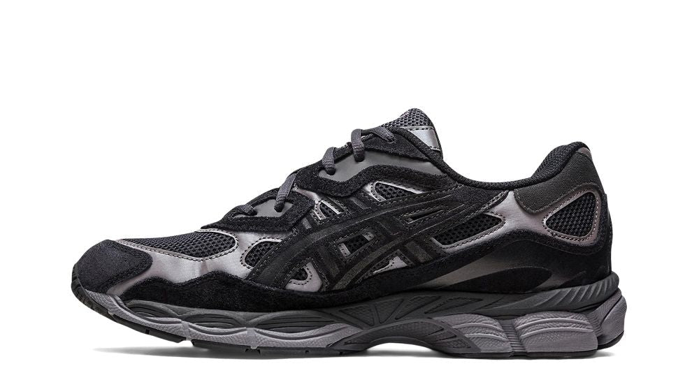 ASICS GEL-NYC Graphite Grey Black – oldalnézet, szürke hálós és fekete overlayek