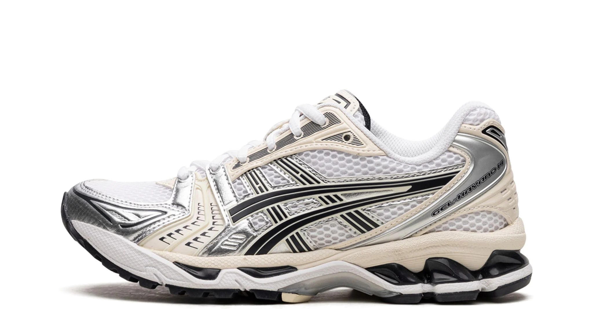 ASICS Gel-Kayano 14 White Midnight – oldalnézet, fehér mesh felsőrész és sötét részletek.