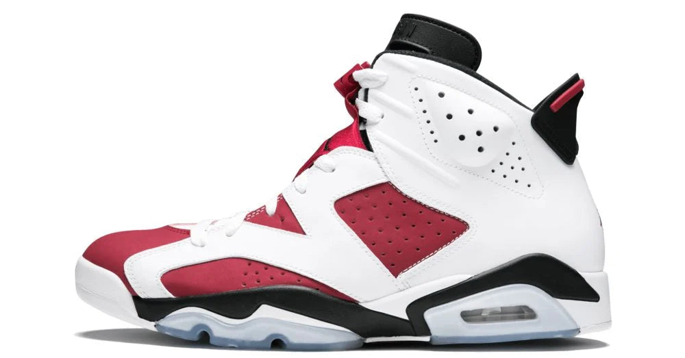 Air Jordan 6 Retro Carmine – oldalnézet, carmine nubuk és fehér bőr panel