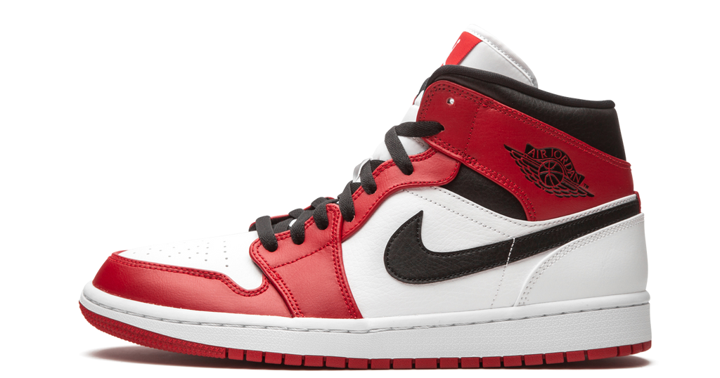 Jordan 1 Mid Chicago – oldalnézet, fehér és piros kombináció