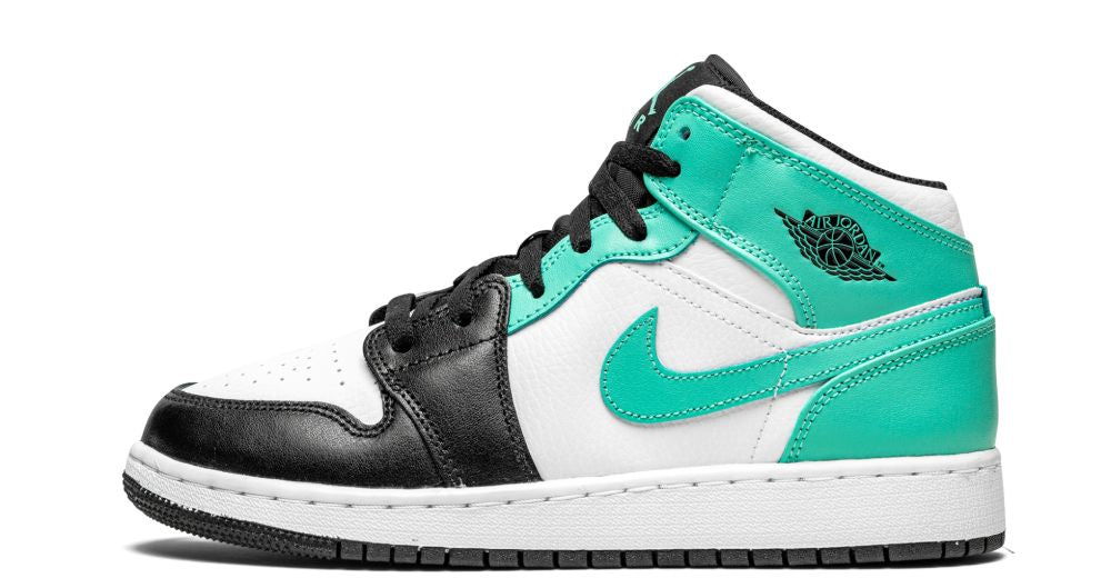 Air Jordan 1 Mid Tropical Twist Igloo – oldalnézet, fehér bőr és fekete részletek