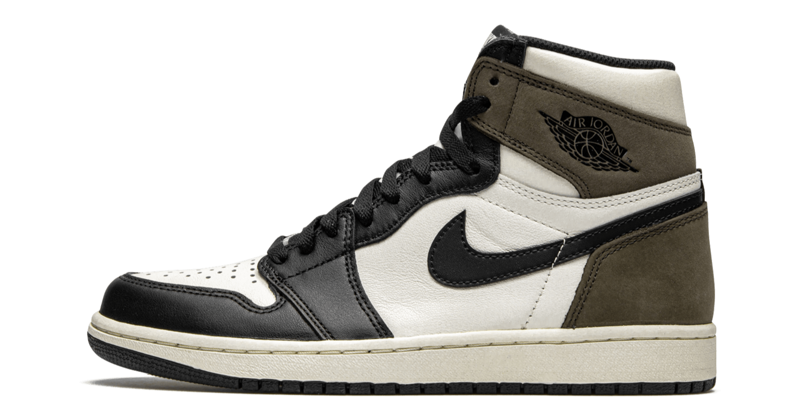 Air Jordan 1 Retro High OG “Dark Mocha” – oldalnézet, krémszínű alap és sötét-barna nubuk sarokrész