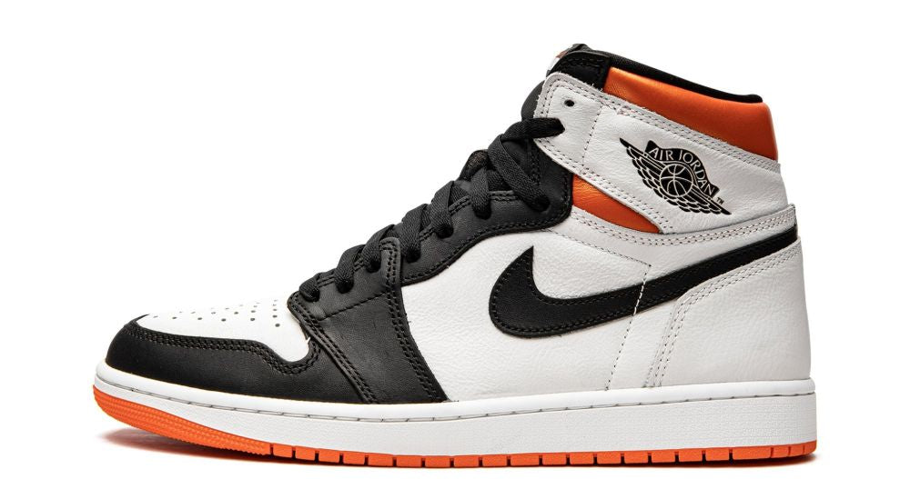Air Jordan 1 Retro High OG “Electro Orange” – oldalnézet, fehér bőr felsőrész és narancssárga boka-wrap