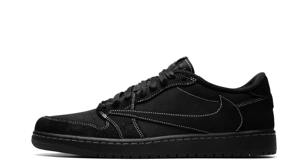 Air Jordan 1 Retro Low OG SP Travis Scott Black Phantom – oldalnézet, fekete nubuk és fehér steppelés