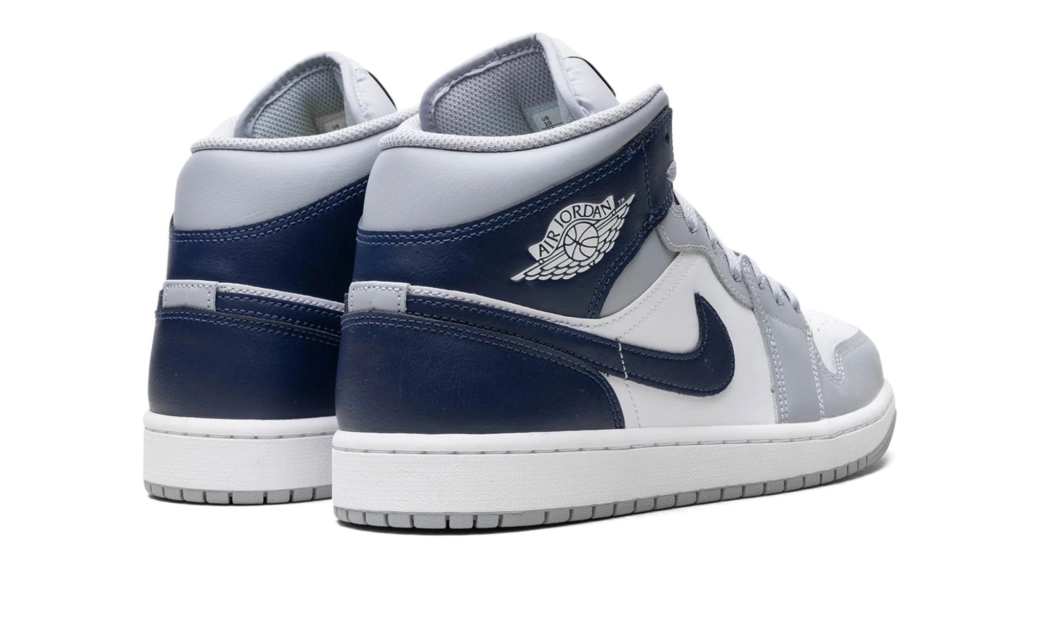 Jordan 1 Mid Wolf Grey Midnight Navy – hátulnézet, sarok és logó