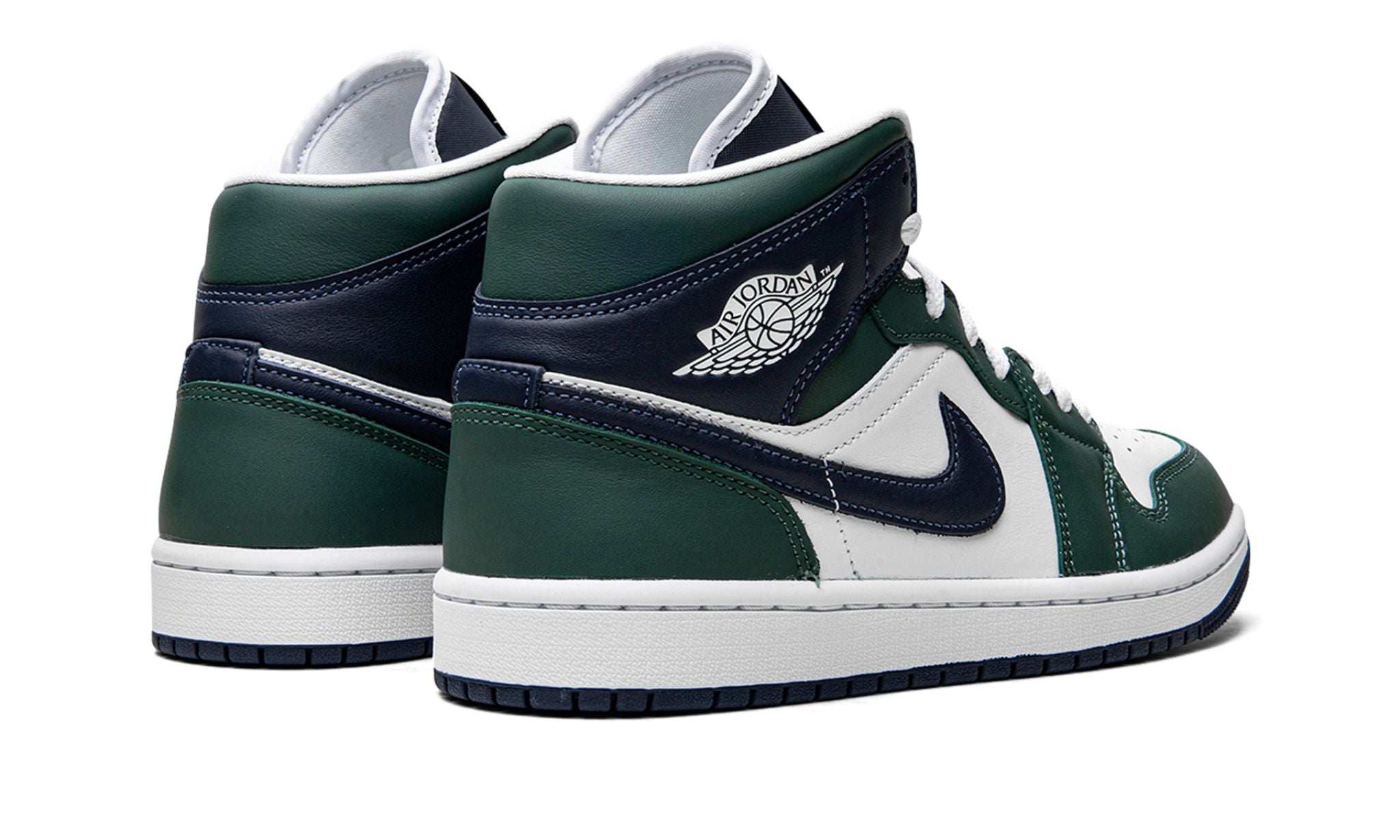 Air Jordan 1 Mid SE “Seahawks” – hátulnézet, sarokrész sötétkék és fehér talp