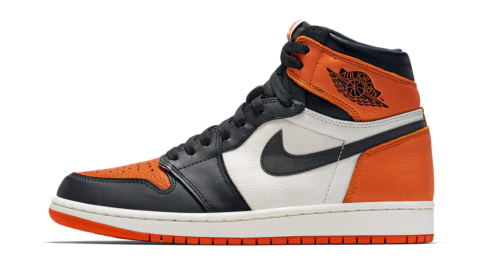 Air Jordan 1 Retro High OG Shattered Backboard – oldalnézet, fekete felsőrész és narancs részletek