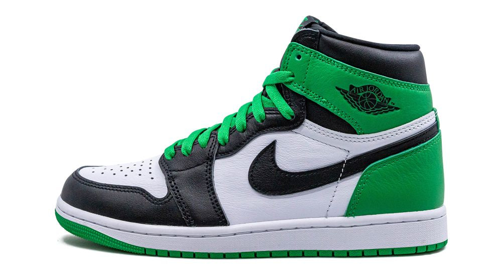 Air Jordan 1 Retro High OG Lucky Green – oldalnézet, fekete-zöld-fehér felsőrész