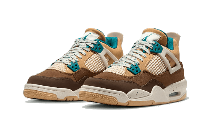 Air Jordan 4 Retro “Cacao Wow” – elölnézet, barna orrpanel és krémszín középtalp részlet