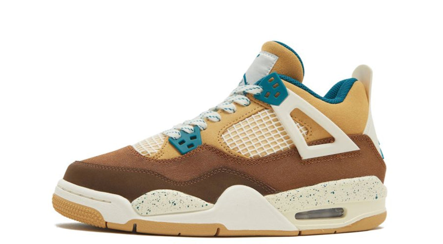 Air Jordan 4 Retro “Cacao Wow” – oldalnézet, barna velúr és textil felsőrész turkiz akcentussal