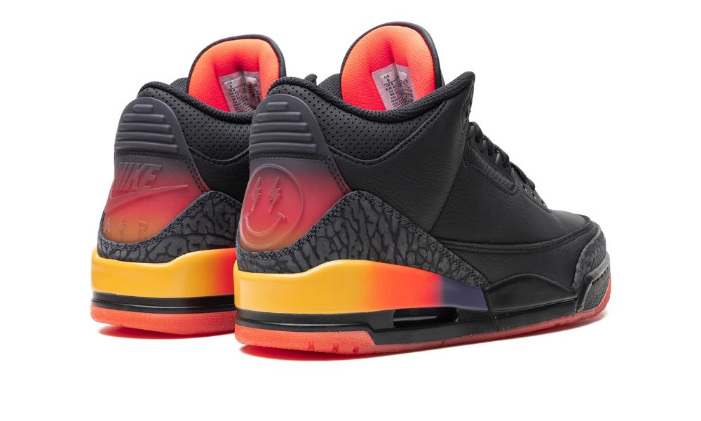 Air Jordan 3 Retro “J Balvin Rio” – hátulnézet, átlátszó sarokrész J Balvin logóval
