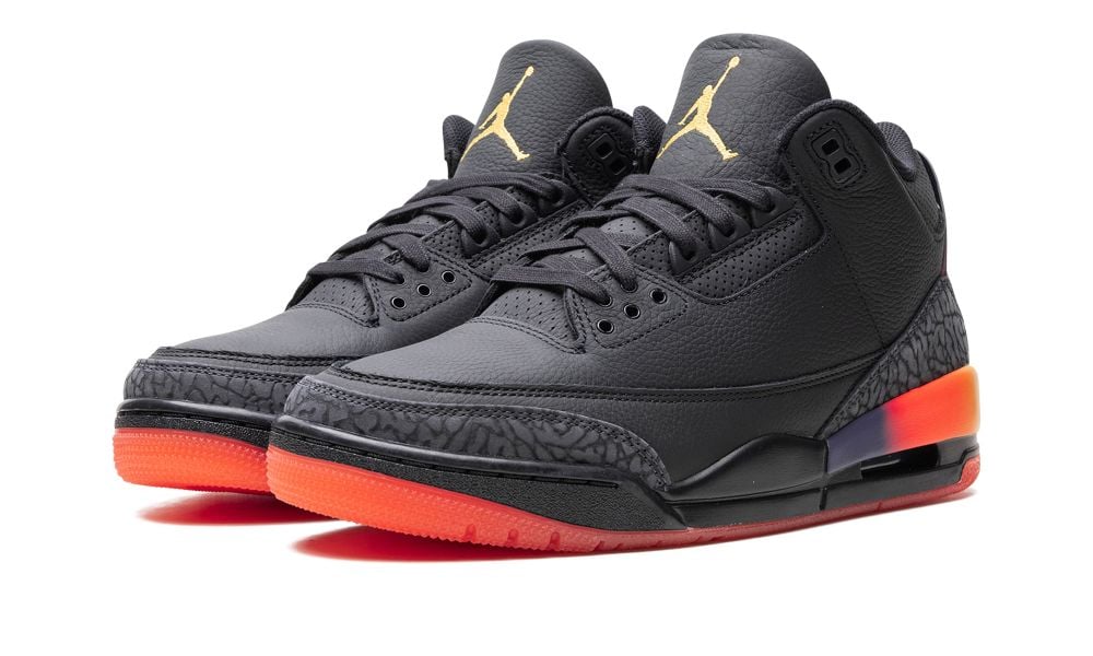 Air Jordan 3 Retro “J Balvin Rio” – elölnézet, elefánt-mintával orrnál