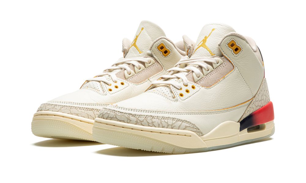 Air Jordan 3 Retro SP J Balvin “Medellín Sunset” – elölnézet, perforált orrpanel és naplemente színátmenetes részletek