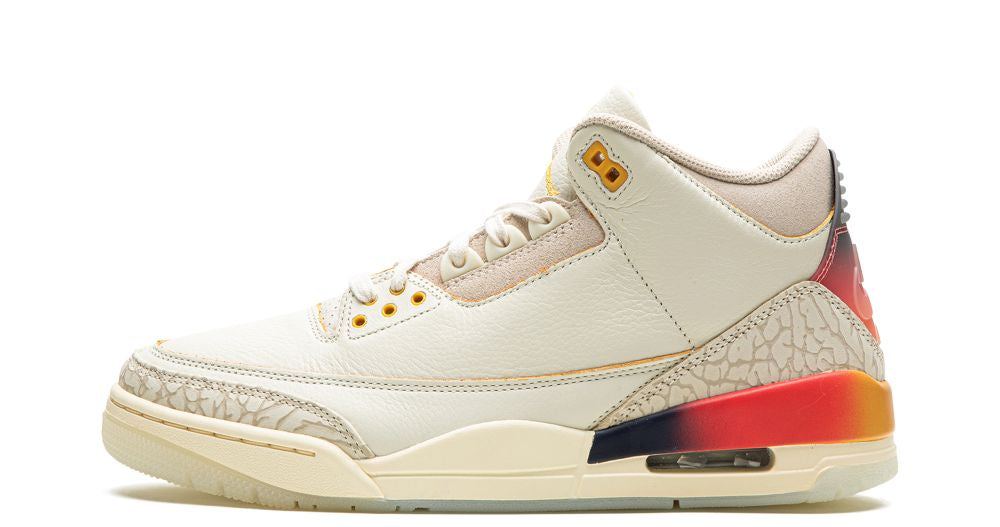 Air Jordan 3 Retro SP J Balvin “Medellín Sunset” – oldalnézet, krémszín bőr felsőrész és elefántmintás overlay