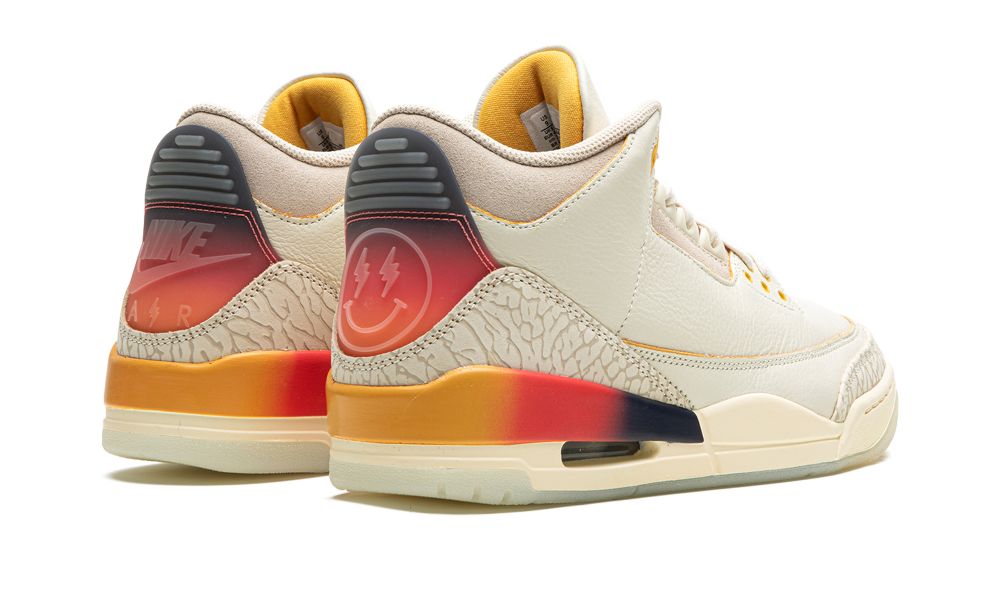 Air Jordan 3 Retro SP J Balvin “Medellín Sunset” – hátulnézet, sarokrész színátmenettel és kollaborációs logóval