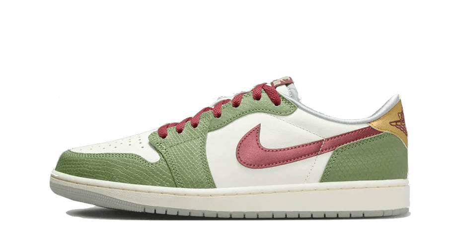Air Jordan 1 Low OG “Year of the Dragon” – oldalnézet, fehér bőr és zöld pikkely-ráhúzások