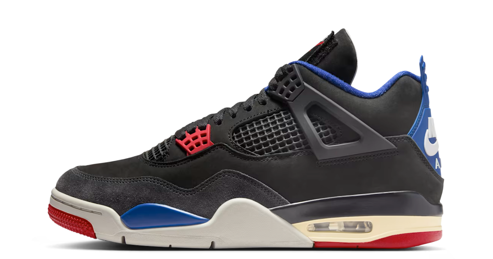 Air Jordan 4 Rare Air – oldalnézet, fekete nubuk és kék-piros részletek