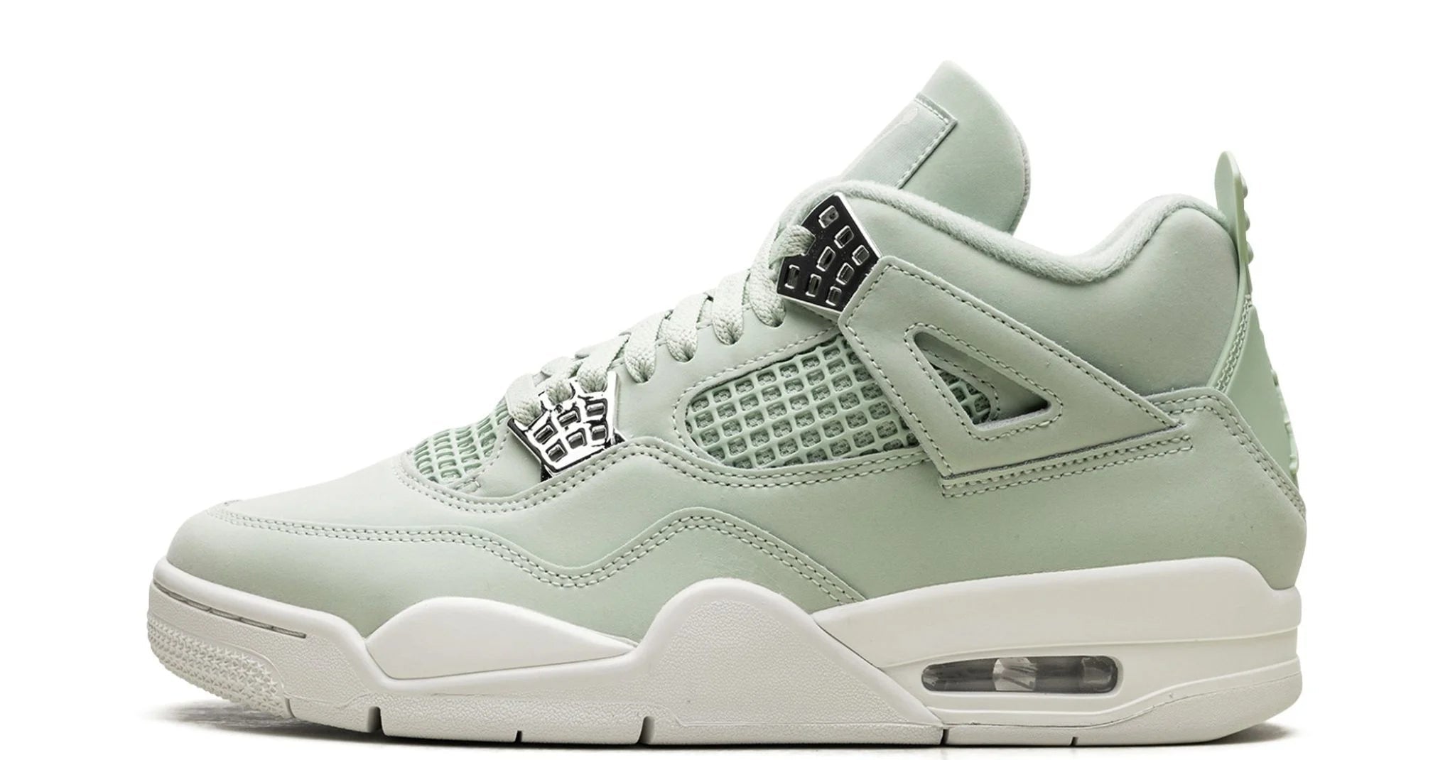 Jordan 4 Seafoam Sail – oldalnézet, seafoam bőr és “Sail” overlayek