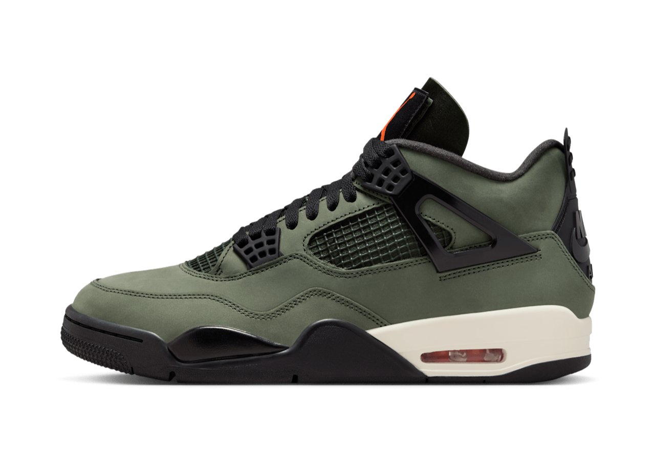 Air Jordan 4 Undefeated – oldalnézet, olívazöld nubuck
