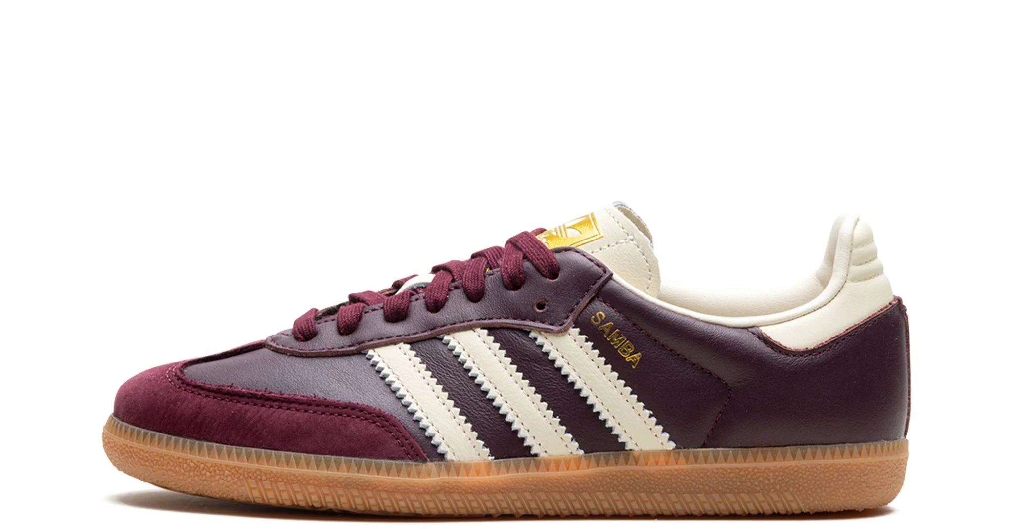 adidas Samba OG Maroon Gold Metallic – oldalnézet, bordó bőr és arany felirat