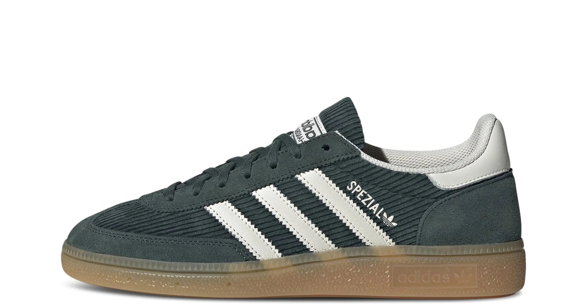 adidas Handball Spezial Mineral Green – oldalnézet, zöld kordbársony felsőrész és 3-Stripe