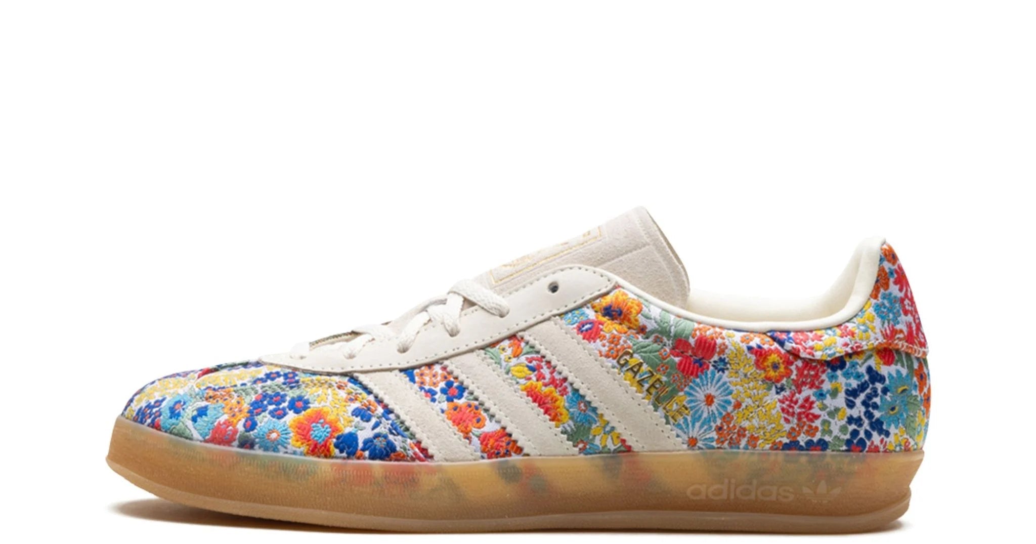 Gazelle Indoor Liberty London – oldalnézet, virágos felsőrész és velúr csík