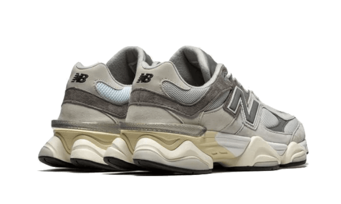 New Balance 9060 “Rain Cloud Grey” – hátulnézet, sarokrész és robusztus középtalp