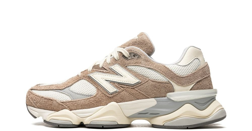 New Balance 9060 “Driftwood/Stone Pink/Sea Salt” – oldalnézet, pasztell rózsaszín és föld szürke mesh