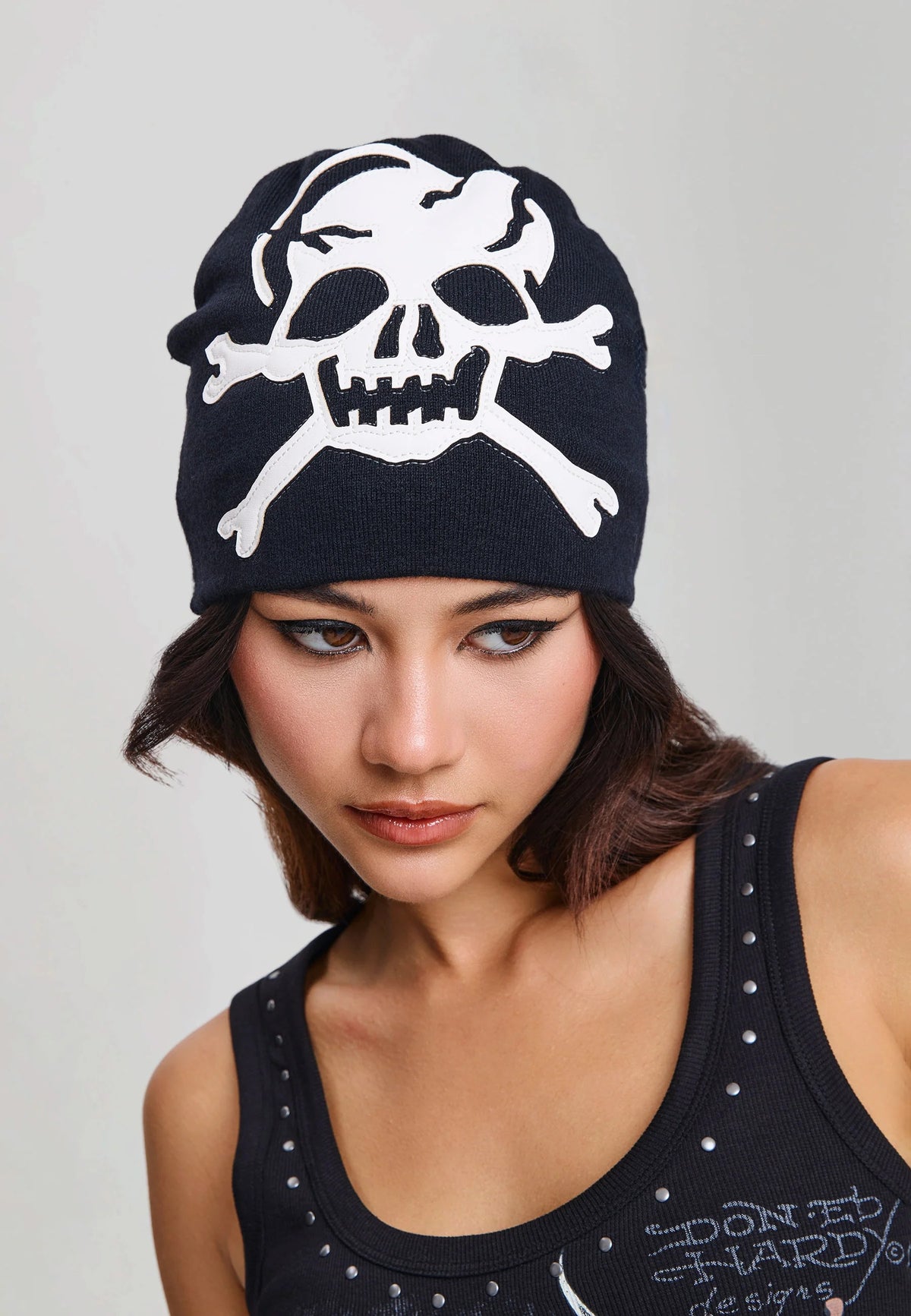 Ed Hardy Skull Vegan Leather Applique Black Beanie - OnSize
