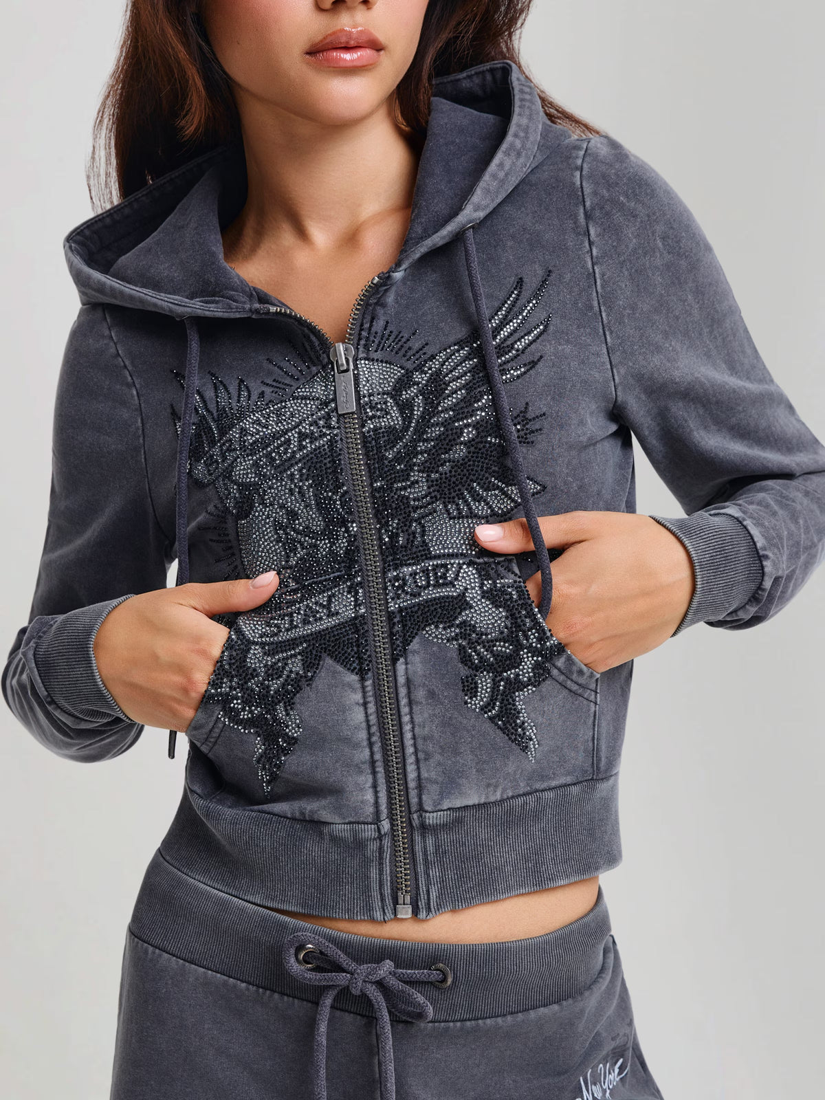 Ed Hardy Stay True Fitted Cropped Washed Zip Thru Hoodie Black - OnSize