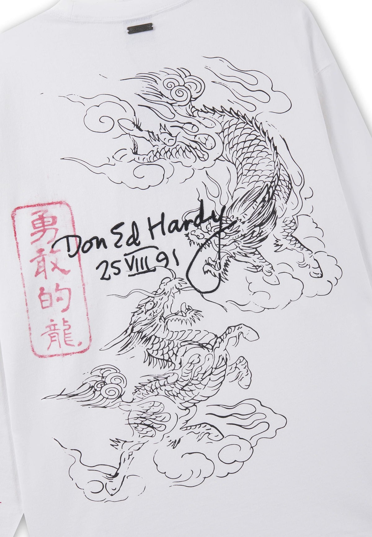 Ed Hardy Flying Twin Dragon Graphic Long Sleeve Relaxed T-Shirt White