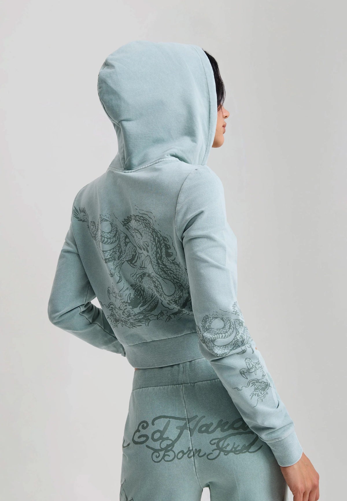 Ed Hardy Multi Tattoo Fitted Zip Thru Acid Wash Hoodie Sage