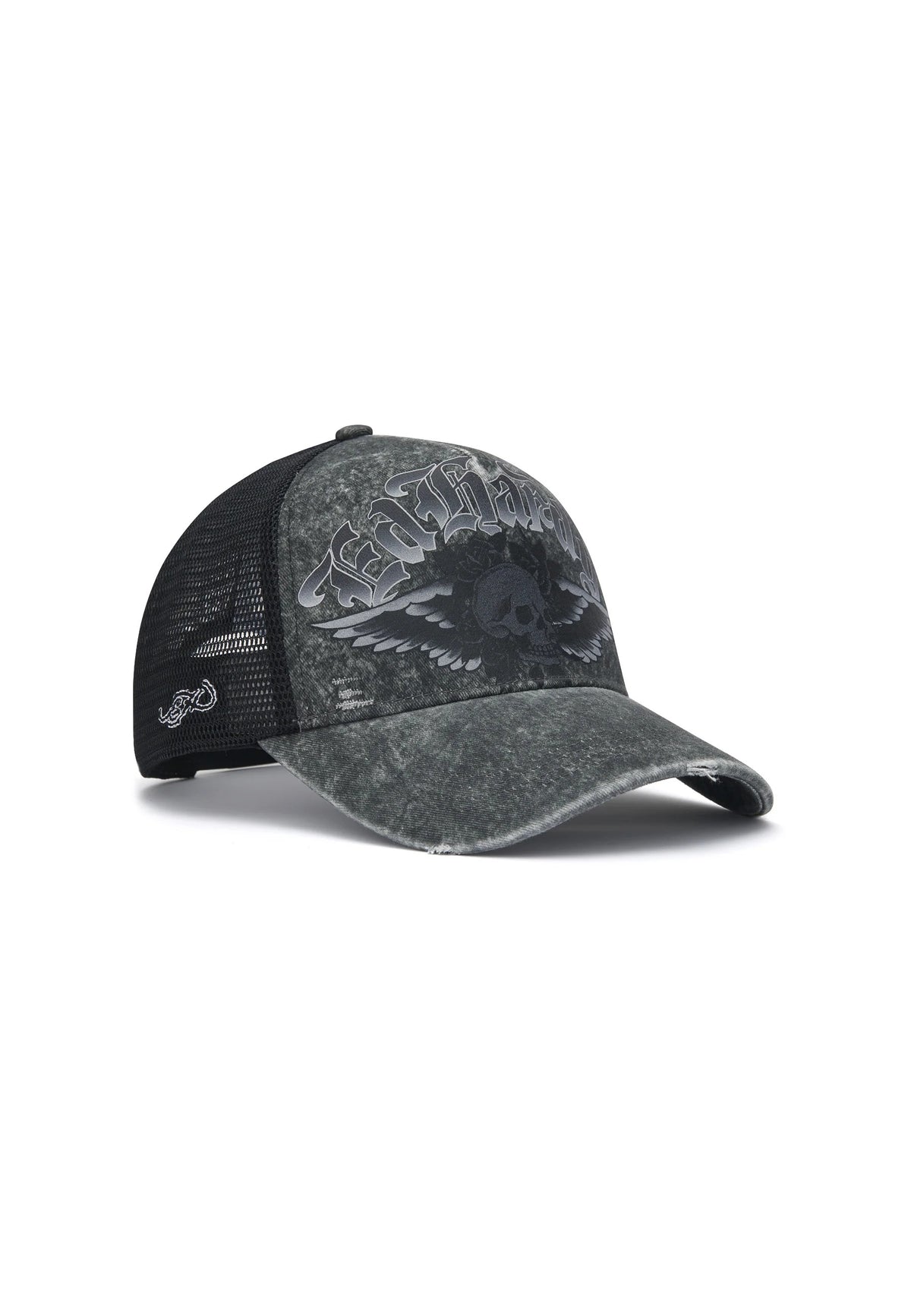 Ed Hardy Flaming Gothic Skull Washed 5 Panel Grey Trucker Cap