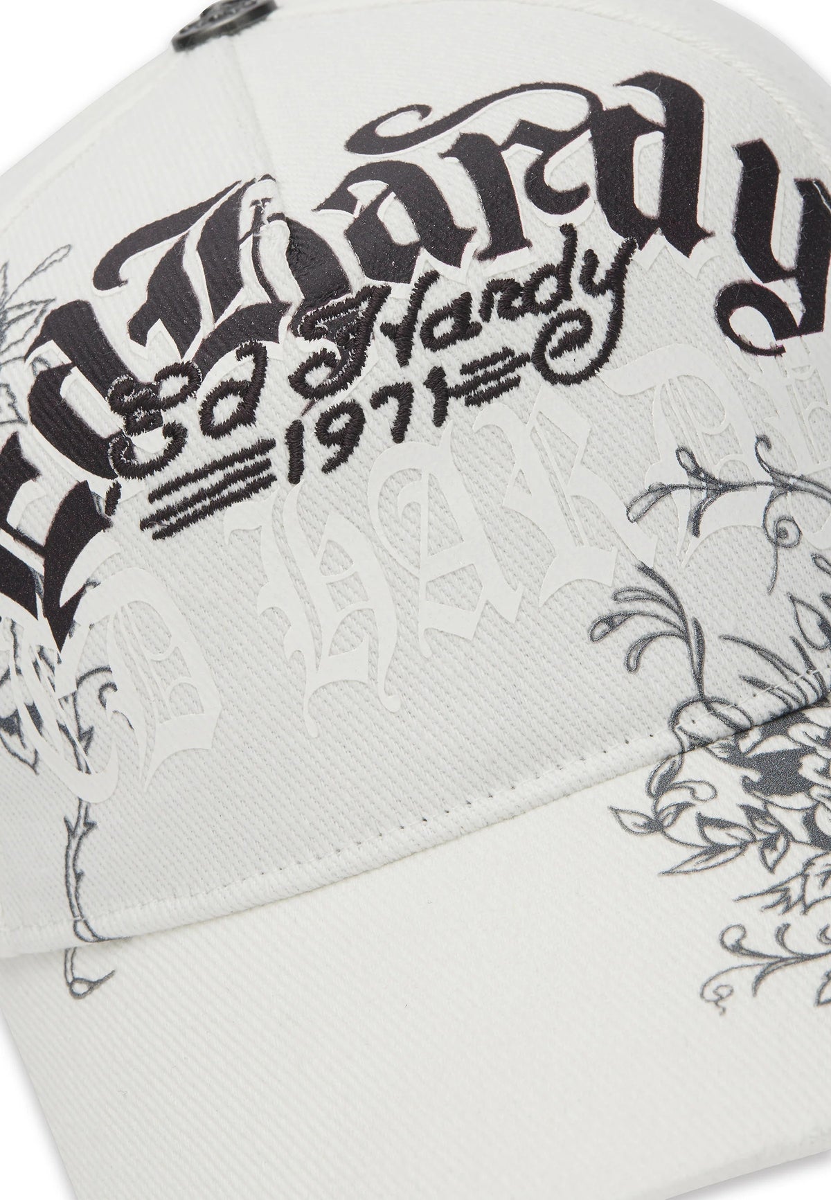 Ed Hardy Distressed Floral Gothic 5 Panel Cream Trucker Cap