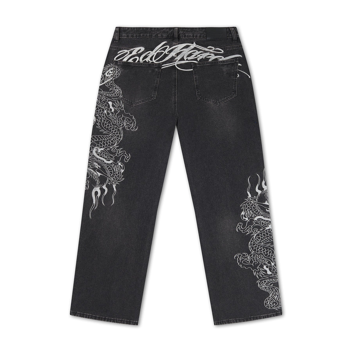 Ed Hardy Embroidered Soaring Dragon Flare Jeans Washed Black - OnSize