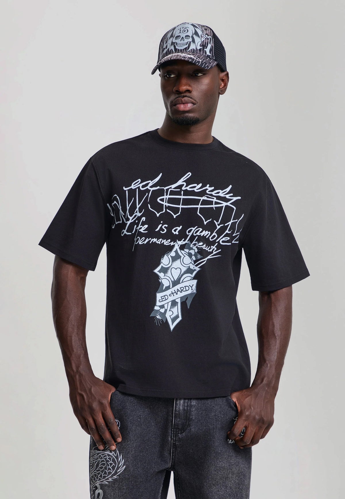 Ed Hardy Life Is A Gamble Graphic Relaxed T-Shirt Black - OnSize
