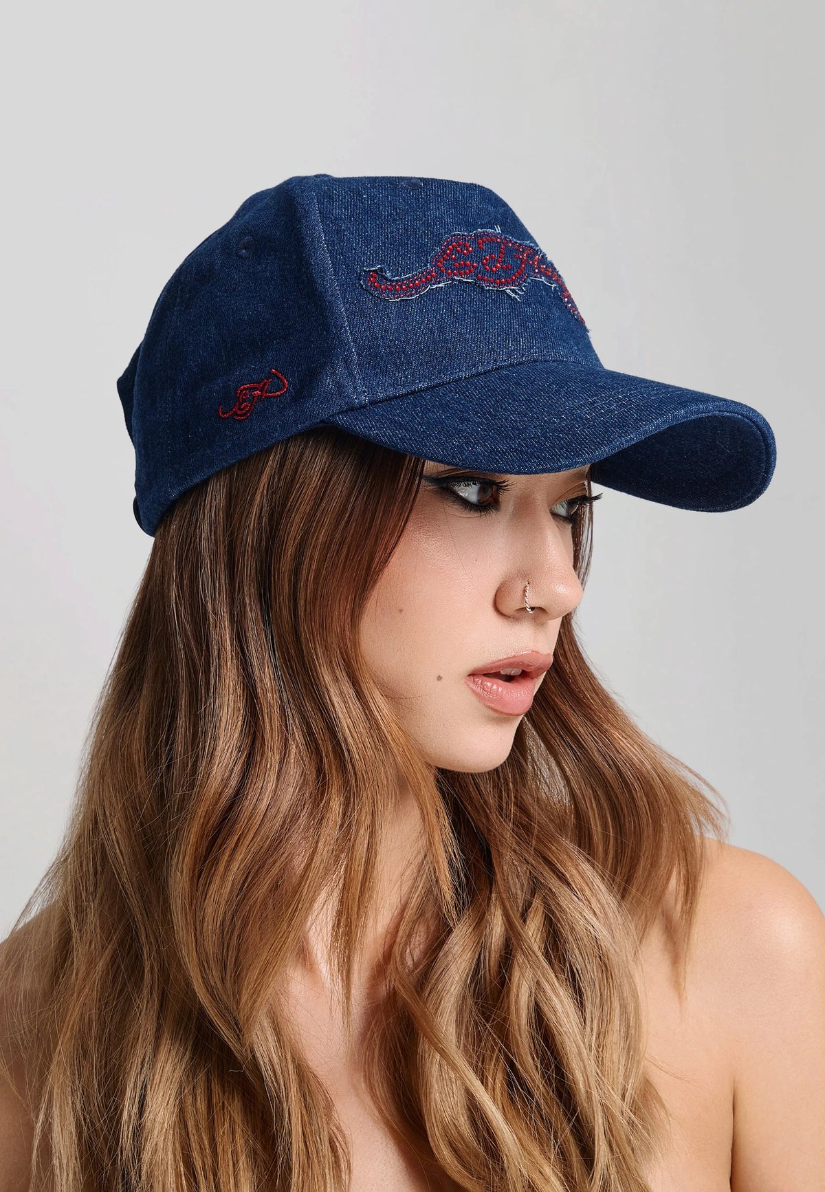 Ed Hardy Diamante Applique Indigo Denim 5 Panel Indigo Trucker Cap