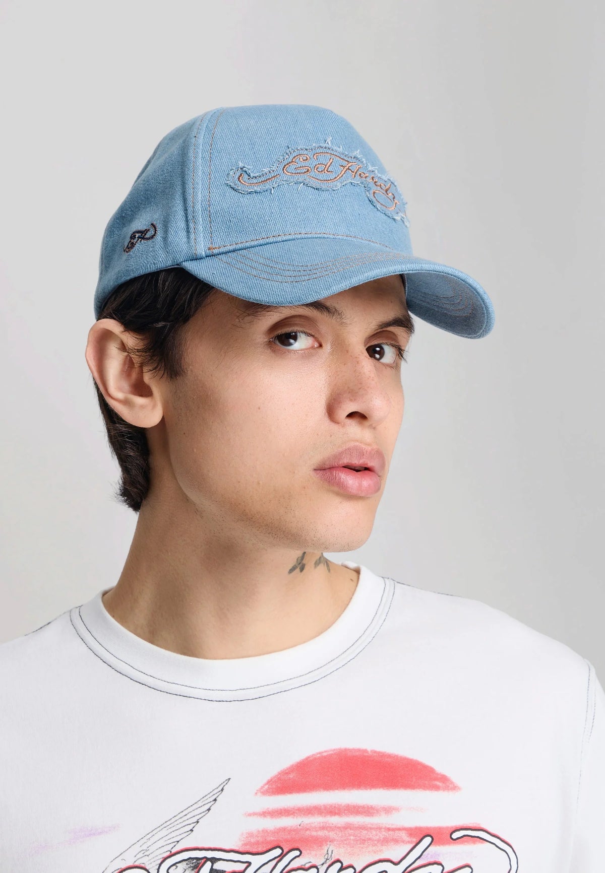 Ed Hardy Contrast Stitch Indigo Denim 5 Panel Bleach Trucker Cap
