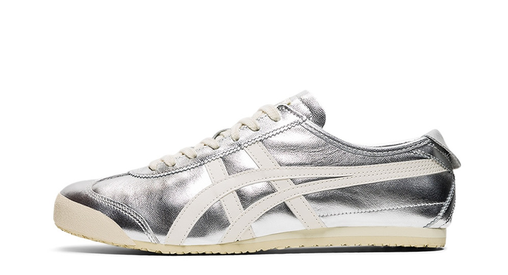 Onitsuka Mexico 66 – oldalnézet, ezüst felsőrész és off white panelek