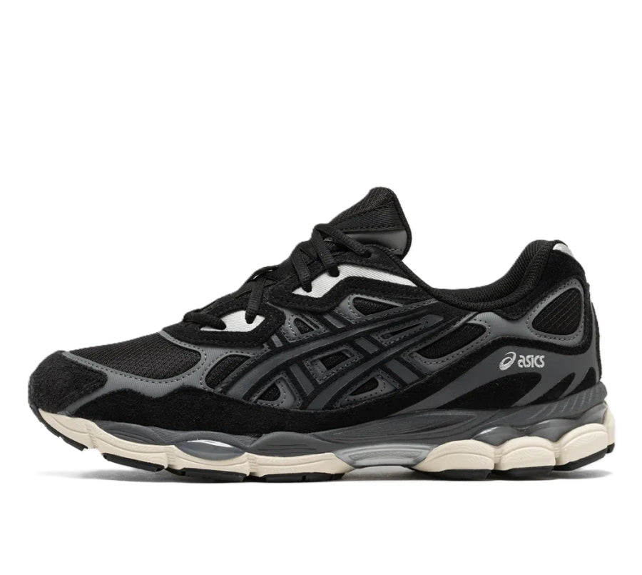 ASICS GEL-NYC Black/Black – oldalnézet, fekete mesh és overlay részletek