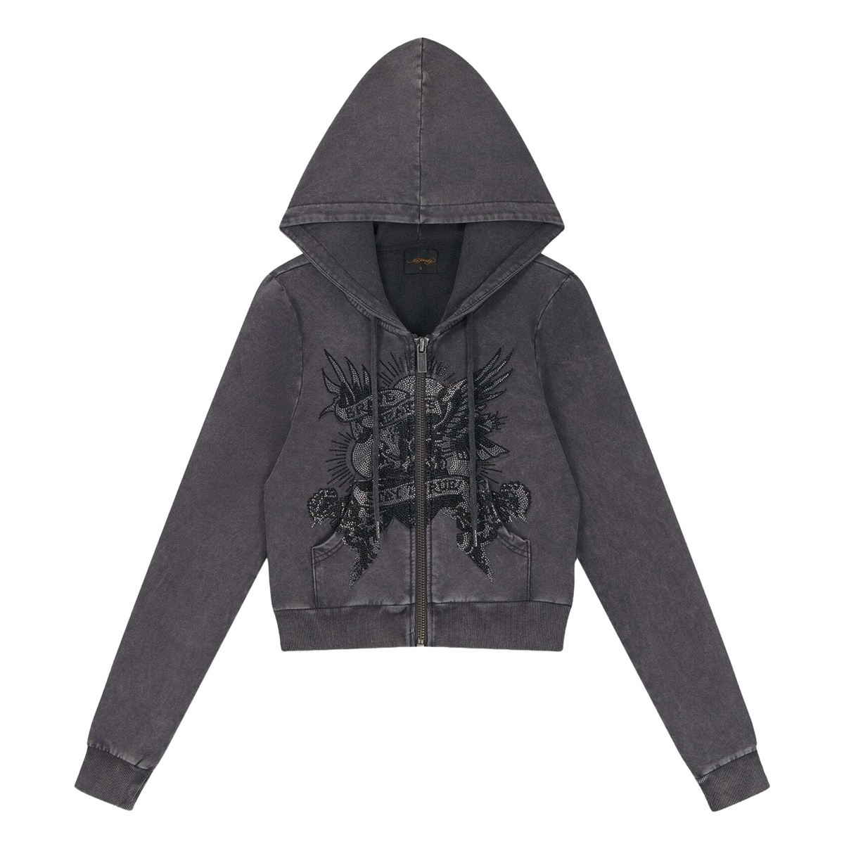 Ed Hardy Stay True Fitted Cropped Washed Zip Thru Hoodie Black - OnSize