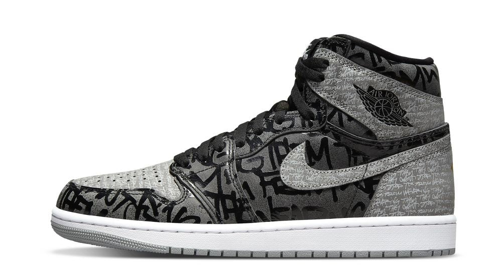 Air Jordan 1 Retro High OG “Rebellionaire” – oldalnézet, fekete bőr és szürke overlay-ek