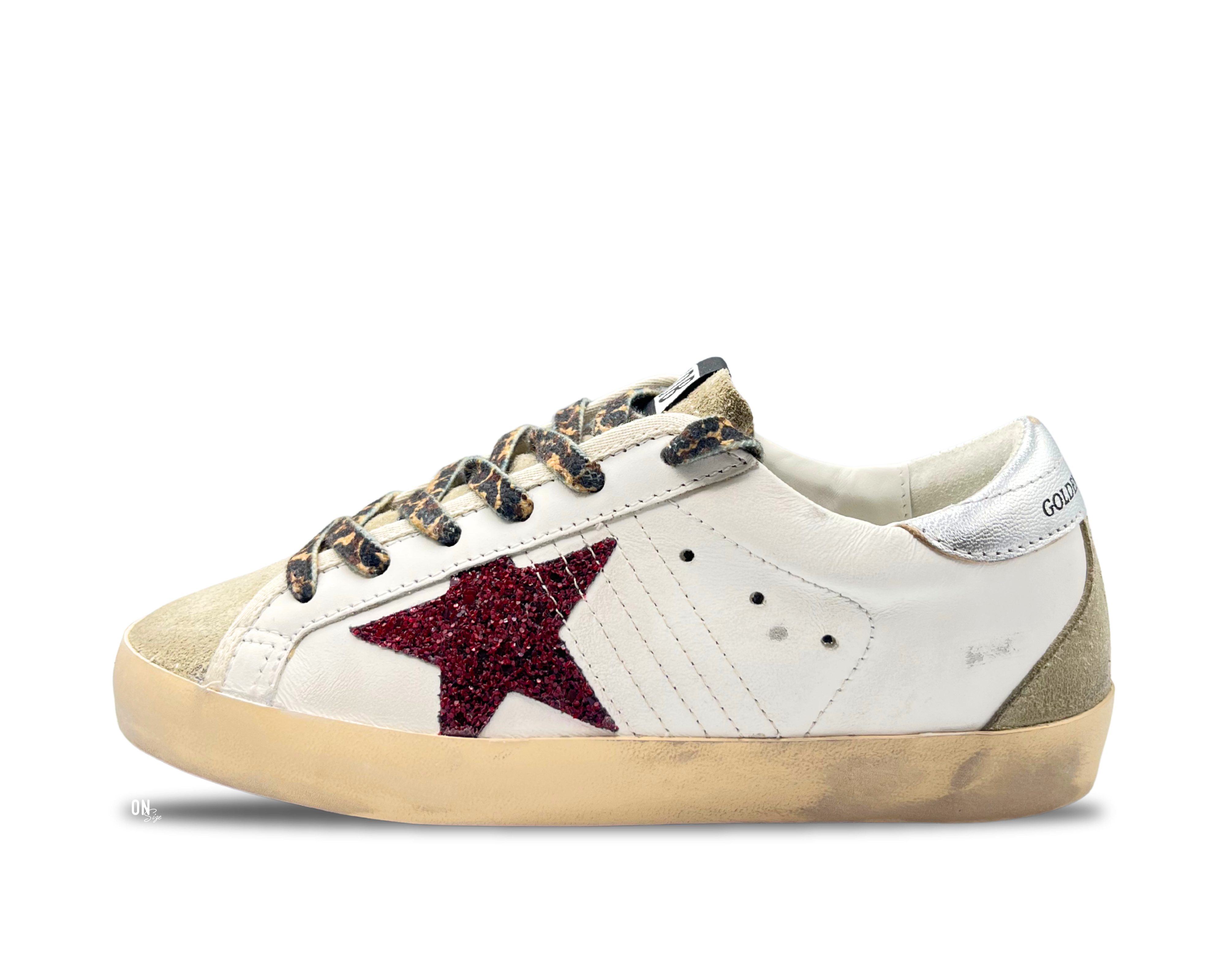 Golden Goose Super-Star White Silver Burgundy Glitter Star