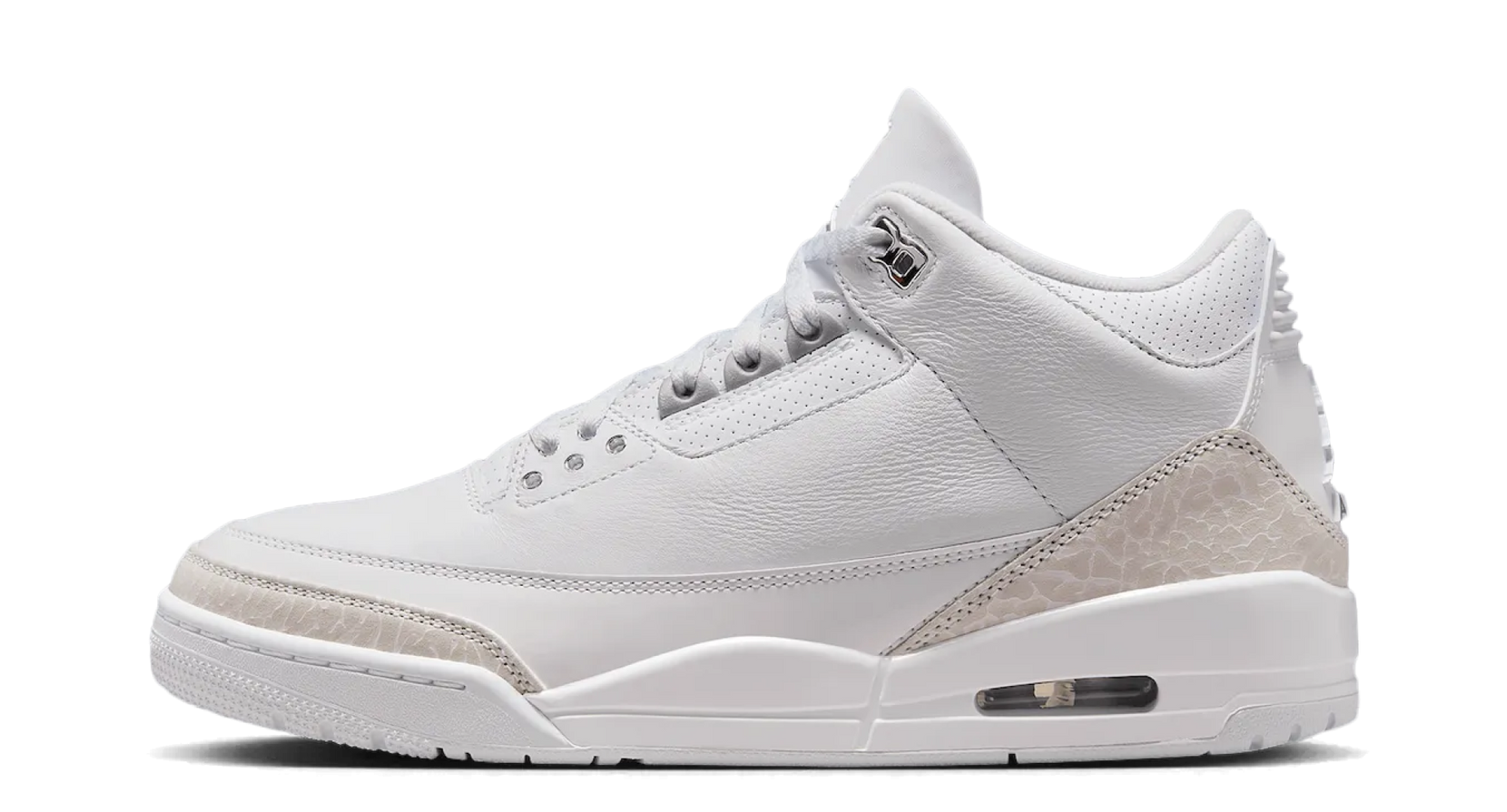 Air Jordan 3 Pure Money – oldalnézet, fehér bőr felsőrész és elefánt-print részletek