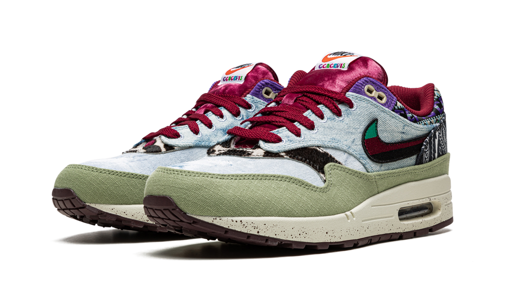 Nike Air Max 1 SP Concepts Mellow – elölnézet, vászon textúra és fűzők
