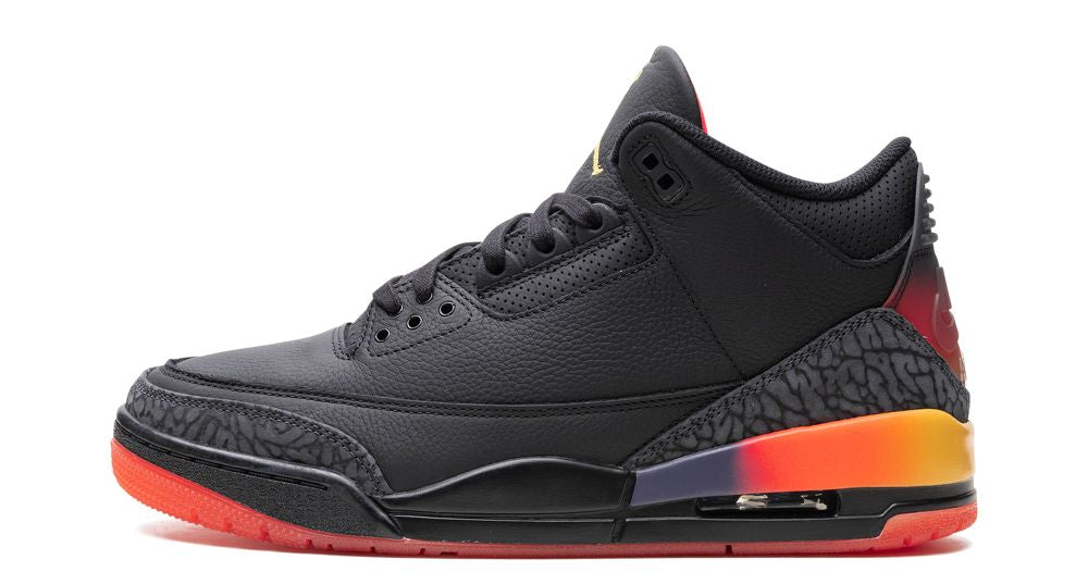 Air Jordan 3 Retro “J Balvin Rio” – oldalnézet, fekete bőr és naplemente részletek