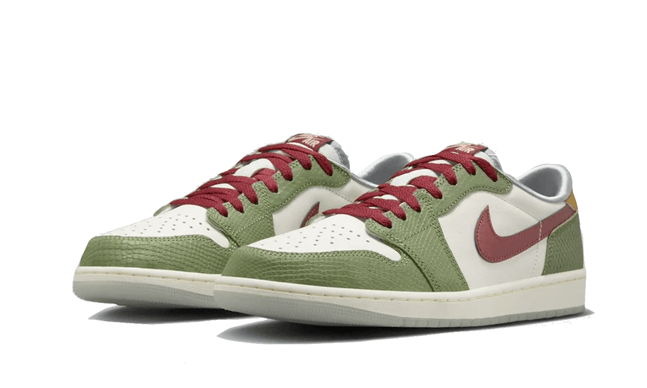 Air Jordan 1 Low OG “Year of the Dragon” – elölnézet, tört-fehér orrpanel és piros akcentusok