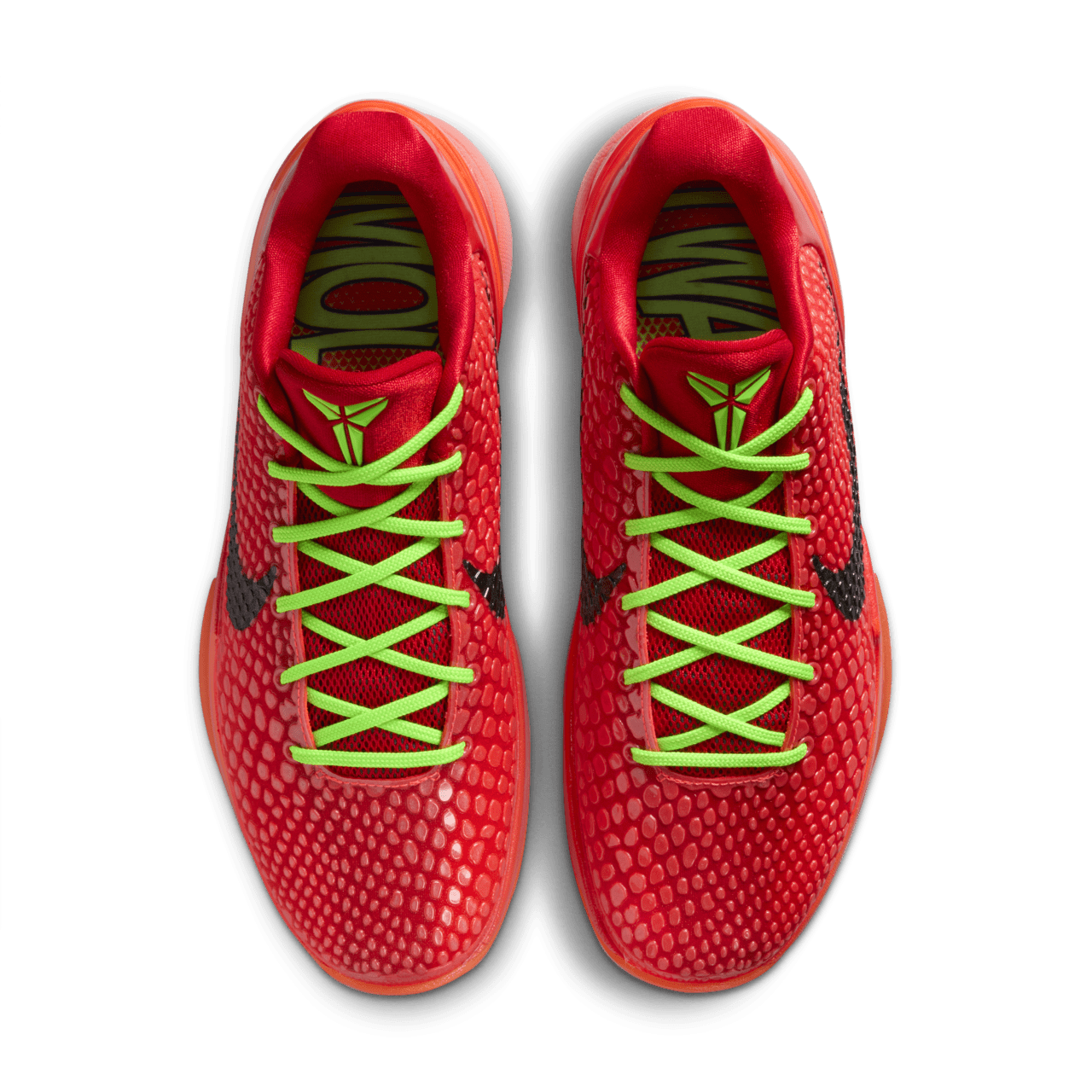 Nike Kobe 6 Protro “Reverse Grinch” – felülnézet, fűzőrendszer és pikkelyes textúra