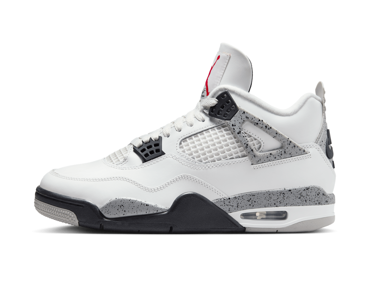 Air Jordan 4 Retro White Cement – oldalnézet, fehér bőr felsőrész és szürke speckle részletek